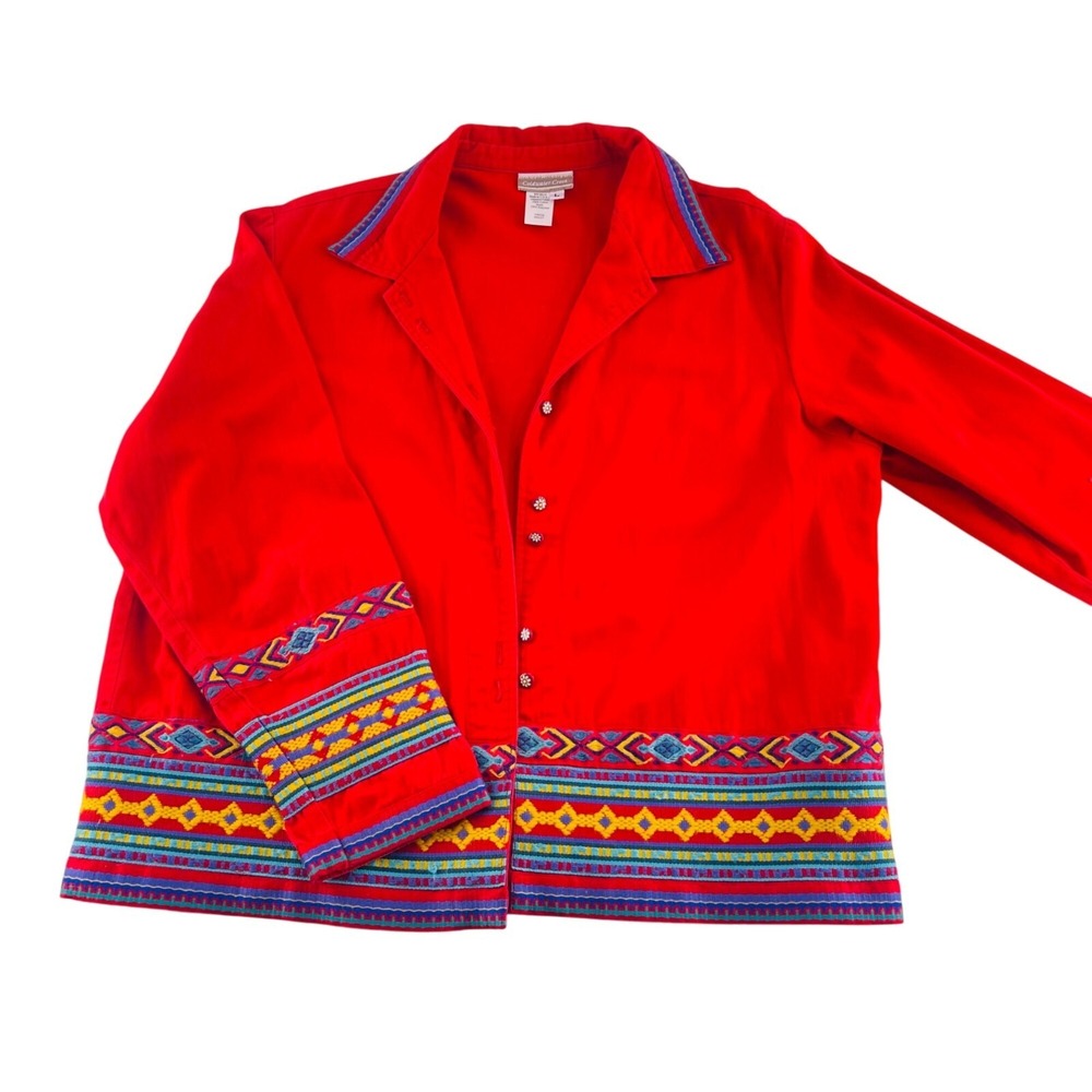 Coldwater Creek Womens Red Embroidered Jacket Size L‎ 100% Cotton & Polyester